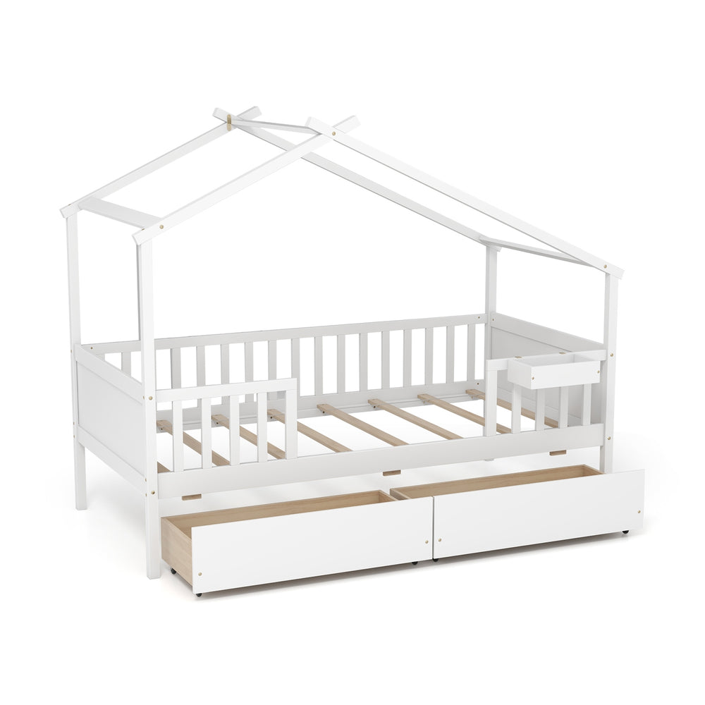 Bed with 2 storage drawers and roof and fence rails - White