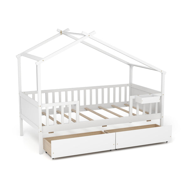 Bed with 2 storage drawers and roof and fence rails - White