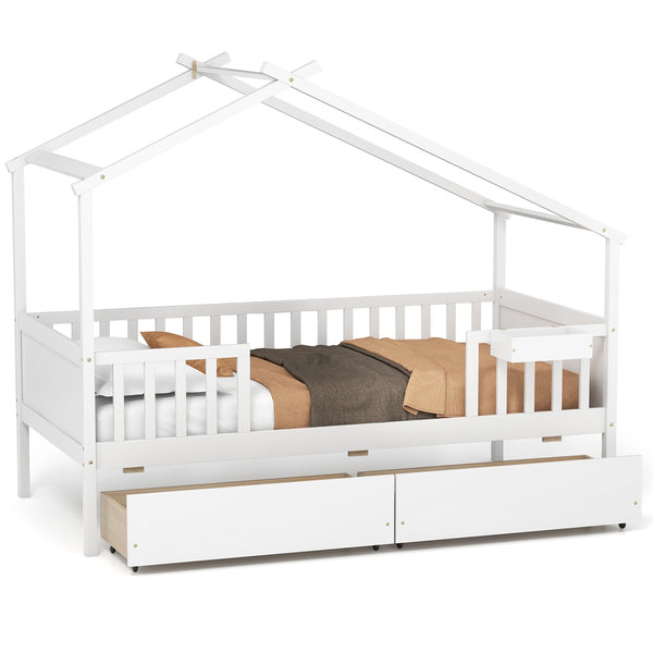 Bed with 2 storage drawers and roof and fence rails - White