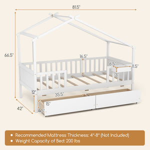 Bed with 2 storage drawers and roof and fence rails - White