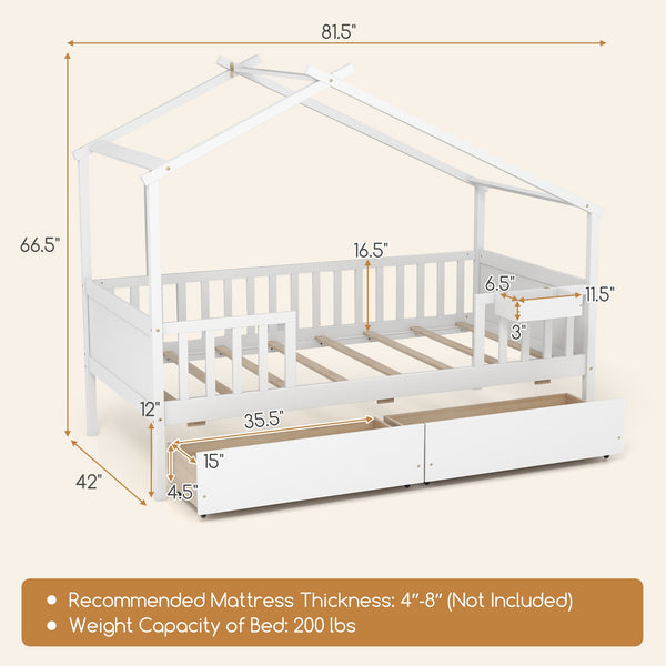 Bed with 2 storage drawers and roof and fence rails - White