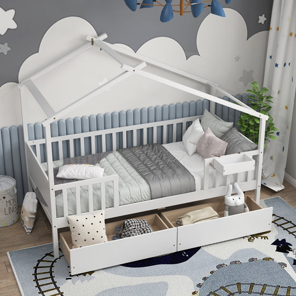 Bed with 2 storage drawers and roof and fence rails - White