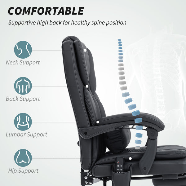 Office chair with massage function in faux leather with lumbar support and footrest, black
