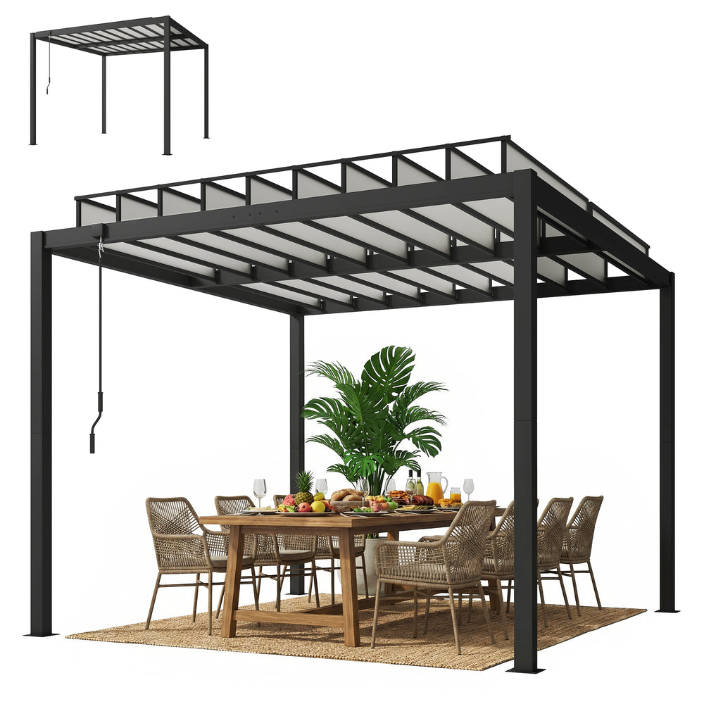 Pergola à lames orientables 9,5 x 10 pieds avec toit en polycarbonate, gouttières de drainage, poignée, transparente
