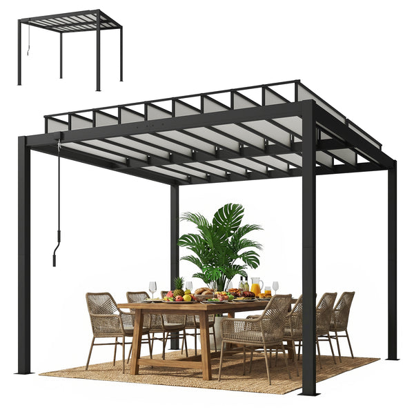 9.5 x 10 ft adjustable louvered pergola with polycarbonate roof, drainage gutters, handle, clear