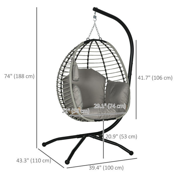 Outdoor Hanging Egg Chair with Thick Padded Cushion, Patio Swing Chair, Grey