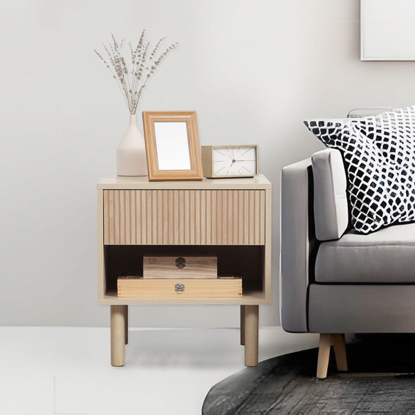 Set of 2 bedside tables with shelf and storage drawer, natural wood