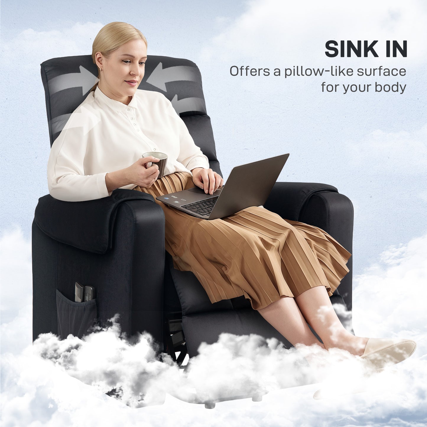 Lift chair for the elderly, massage recliner with 8 vibration points, footrest, remote control, side pockets, black