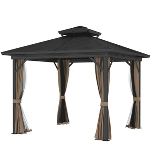 10x10 Gazebo with Double-Tiered Metal Roof, Mosquito Netting, and Hanging Hook, Dark Brown
