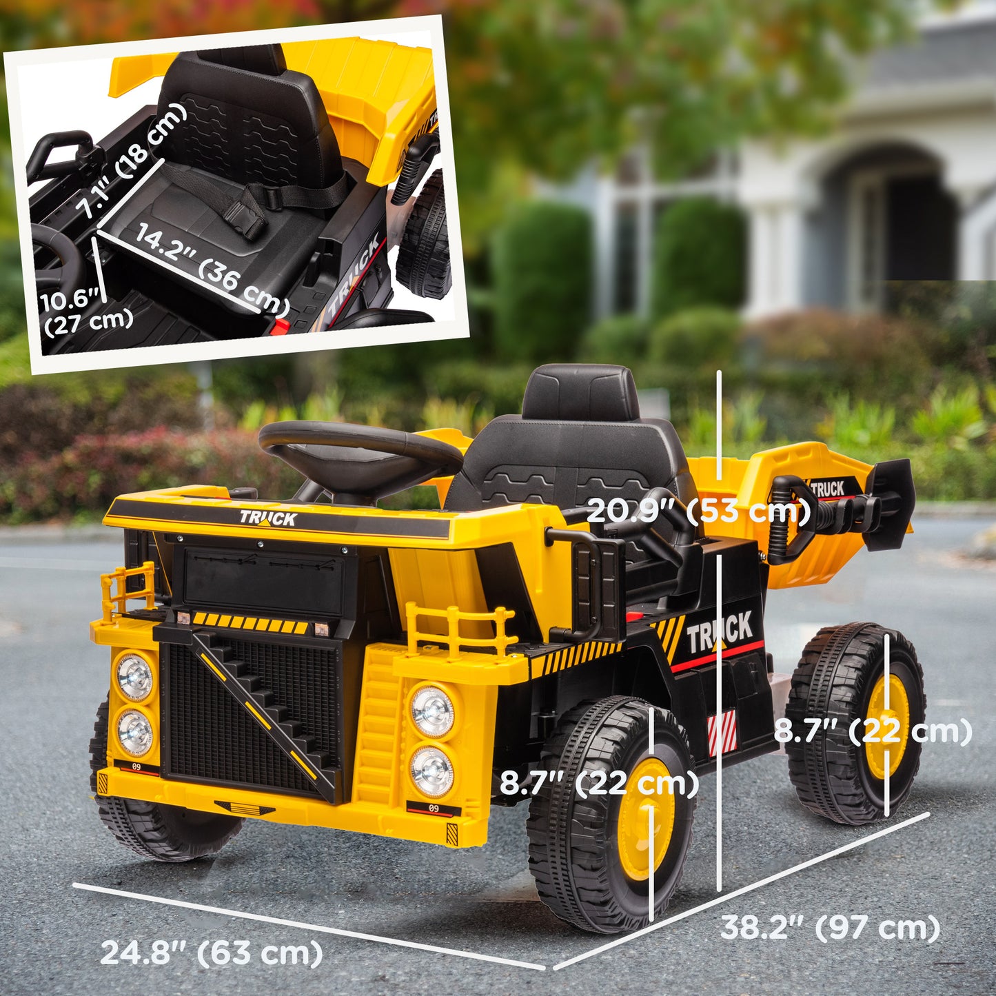 12V Dump Truck for Kids, Construction Vehicle with Electric Dump, Shovel and Spring Suspension