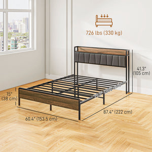 Cadre de lit Queen Size avec station de charge, tête de lit rembourrée et étagère de rangement, noyer