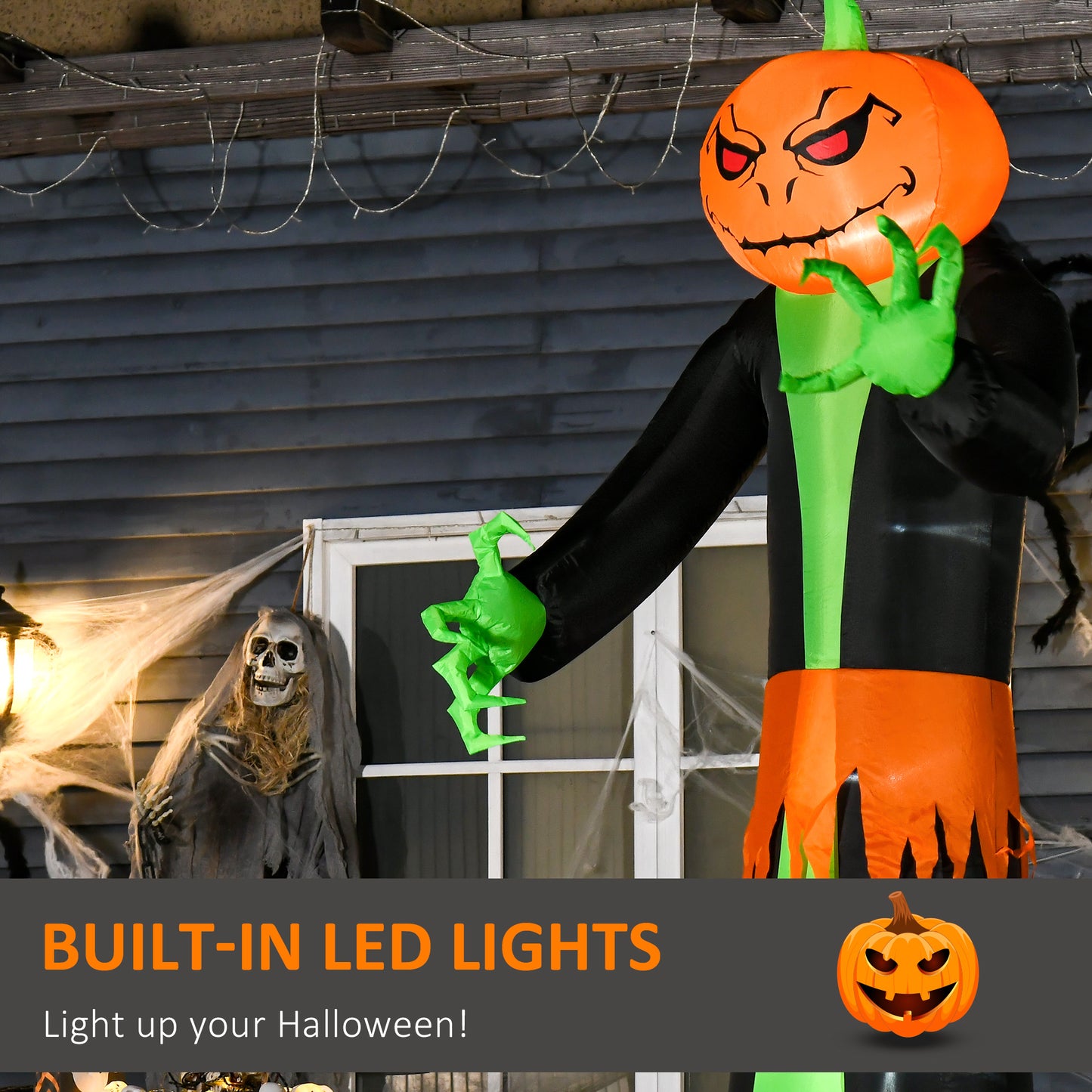 Décoration gonflable d'Halloween 2,7 m Tête de citrouille fantôme, Affichage LED