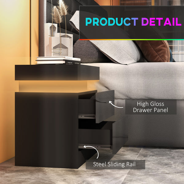 Table de chevet avec éclairage LED et 2 tiroirs, noire