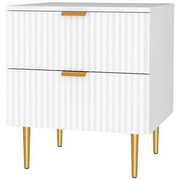 Table de chevet moderne avec 2 tiroirs, pieds en métal pour salon, chambre, blanc