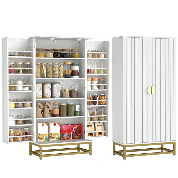 47" Kitchen Pantry Cabinet, Freestanding Kitchen Storage Cabinet with 12 Door Shelves and Adjustable Shelves, White