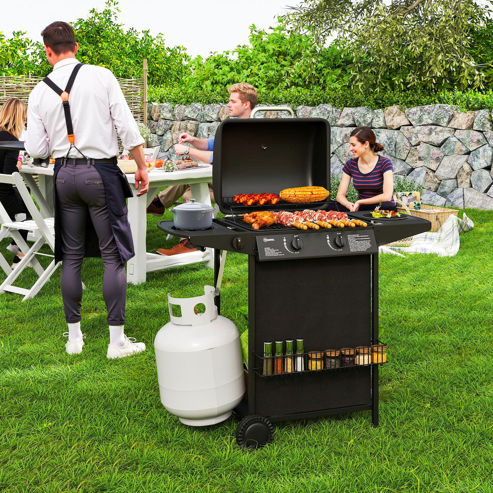 2+1 Burner Propane Gas BBQ Grill, Portable Gas Barbecue Grill with Side Burner, Thermometer, Lid, Side Table, Shelf, Spice Rack, Wheels, Grease Cup for Garden, Black
