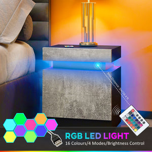 Table de chevet avec éclairage LED et 2 tiroirs pour chambre et salon, gris ciment