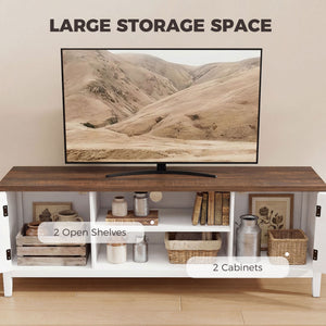 Meuble TV pour téléviseurs jusqu'à 42 pouces avec 2 étagères ouvertes, 2 placards, plateau épais, blanc et marron