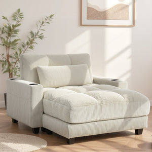58" Indoor Chaise Lounge, Oversized Corduroy Sofa Bed with 2 Cup Holders, Pillow, Deep Seat Sleeper Couch, Cream White