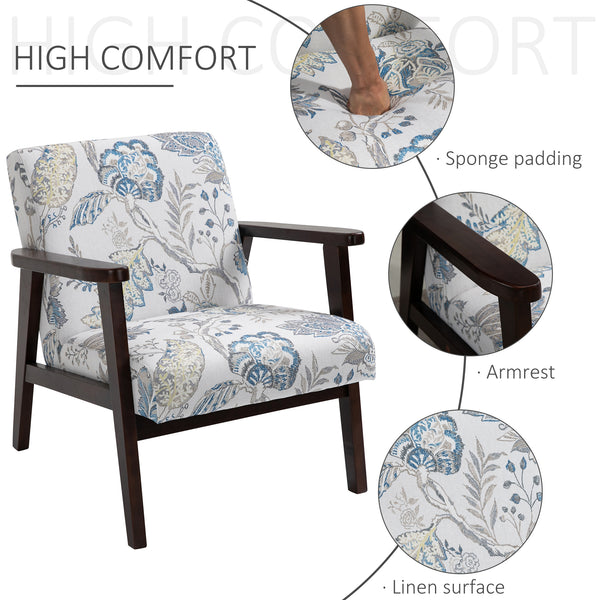 Fauteuil rétro en tissu avec accoudoirs en bois, motif floral