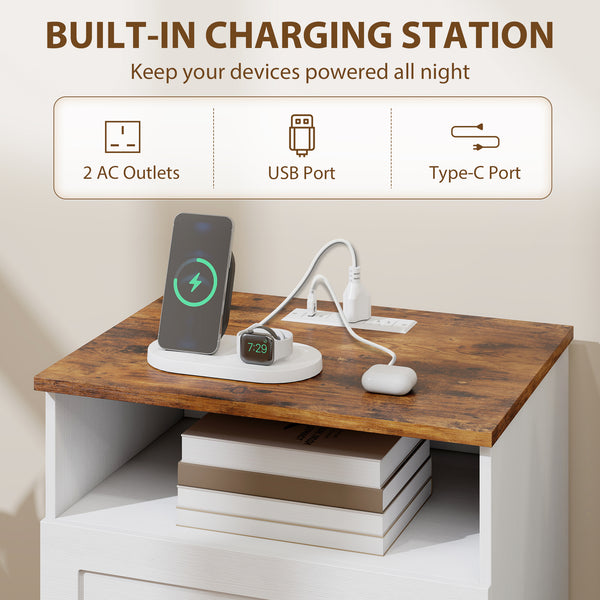 Table de chevet avec station de charge et 2 tiroirs, lot de 2, blanc et chêne