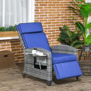 Outdoor Recliner Chair with Adjustable Backrest, Cushion, Side Tray, Dark Blue