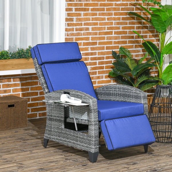 Outdoor Recliner Chair with Adjustable Backrest, Cushion, Side Tray, Dark Blue
