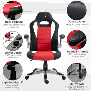 Chaise de gaming en cuir synthétique, hauteur réglable, accoudoirs relevables, roulettes pivotantes, rouge