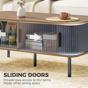 Nordic Side Table with Fluted Tambour Sliding Doors and Steel Legs, Coffee Table with Storage for Living Room, Black