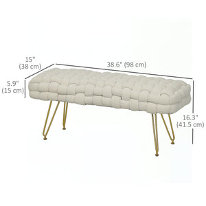 Banc de lit rembourré en velours avec pieds en métal doré, blanc crème