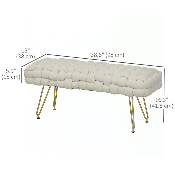 Banc de lit rembourré en velours avec pieds en métal doré, blanc crème
