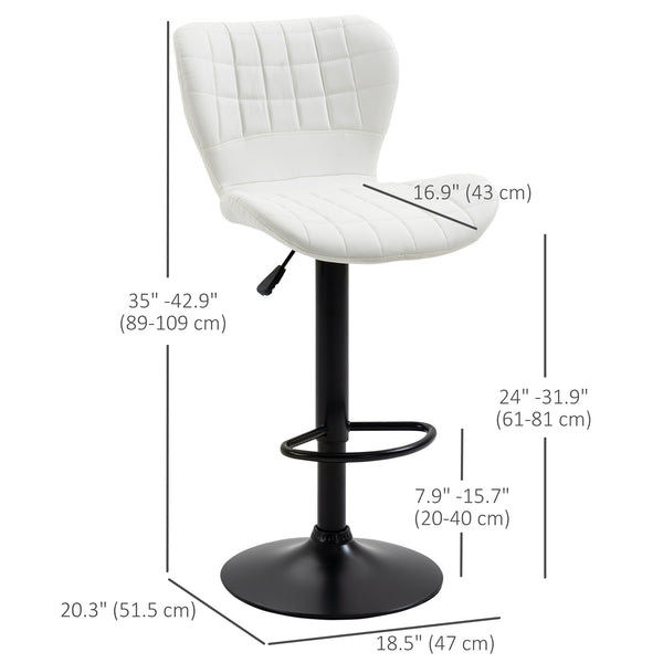 Set of 2 faux leather bar stools with backrest and footrest, white