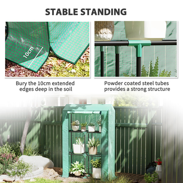 Mini greenhouse with 3 tiered shelves and 3 roll-up doors