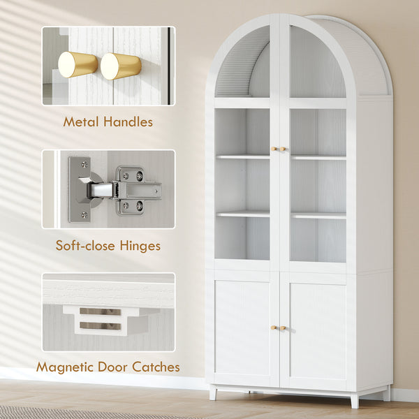 Arched Kitchen Pantry Cabinet, 71" Tall Farmhouse Kitchen Storage Cabinet with Acrylic Glass Doors, White