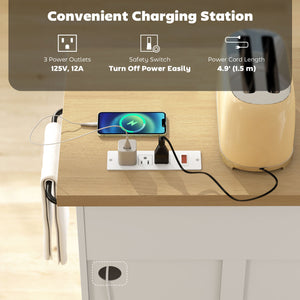 Farmhouse style kitchen island with electrical outlet, soft-close doors, and 3 drawers, white