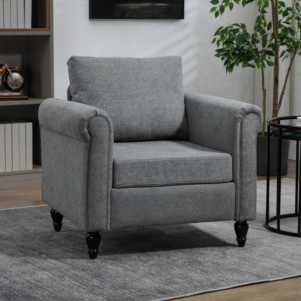 Fauteuil d'appoint rembourré avec accoudoirs etpieds en bois d'hévéa, gris clair