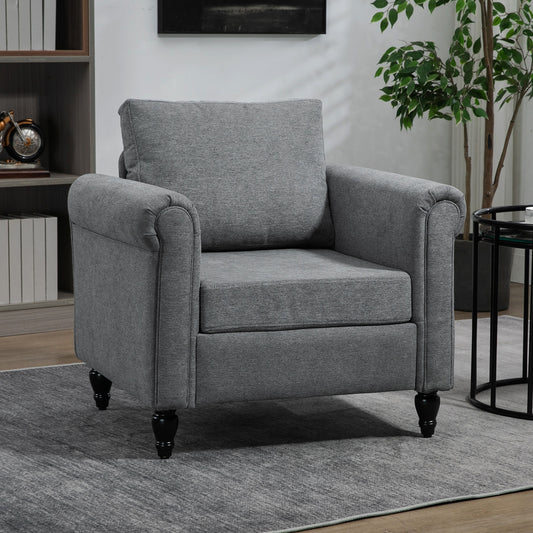 Fauteuil d'appoint rembourré avec accoudoirs, pieds en bois d'hévéa en forme de gourde, gris clair