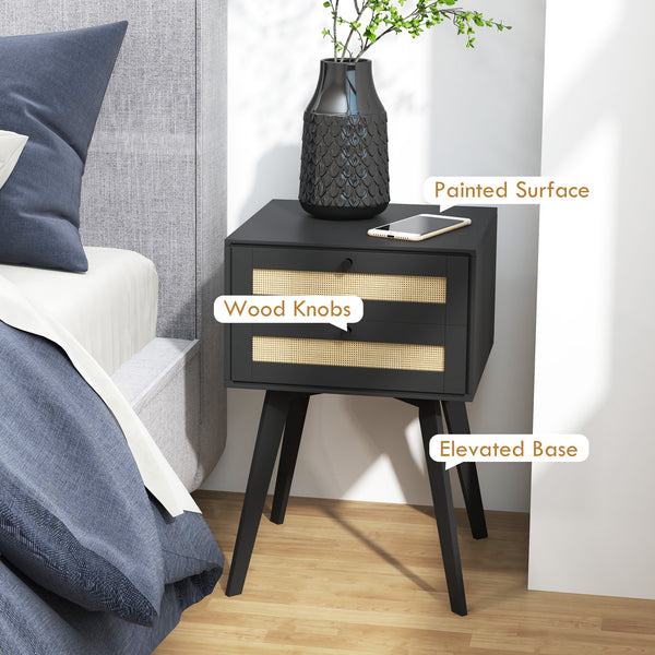 Lot de 2 tables de chevet bohèmes avec 2 tiroirs en rotin, noir