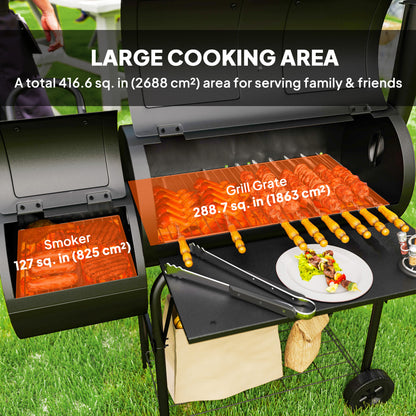 Barbecue portable à charbon de bois avec fumoir décalé, noir