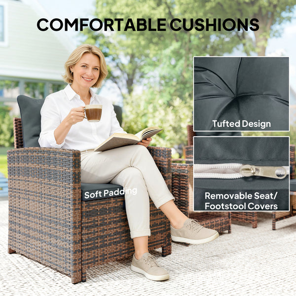 5 Piece Patio Furniture Set, Wicker Patio Chairs with Ottomans, 2-Tier Glass Coffee Table and Cushions, Brown/Dark Grey