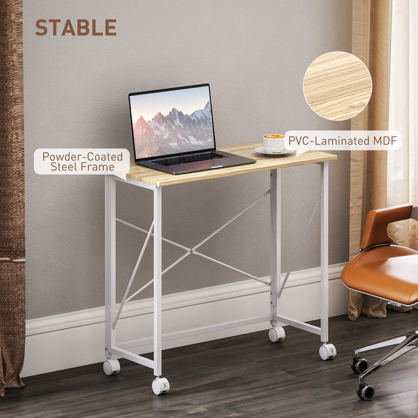 Bureau pliable compact sur roulettes pour petits espaces – Effet chêne et blanc