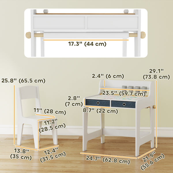 Ensemble table et chaises avec étagère de rangement et tiroirs, blanc