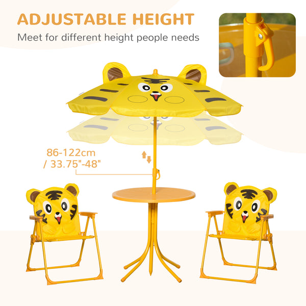Kids Folding Picnic Table and Chair Set Pattern Outdoor Garden Patio Backyard with Removable & Height Adjustable Sun Umbrella Yellow