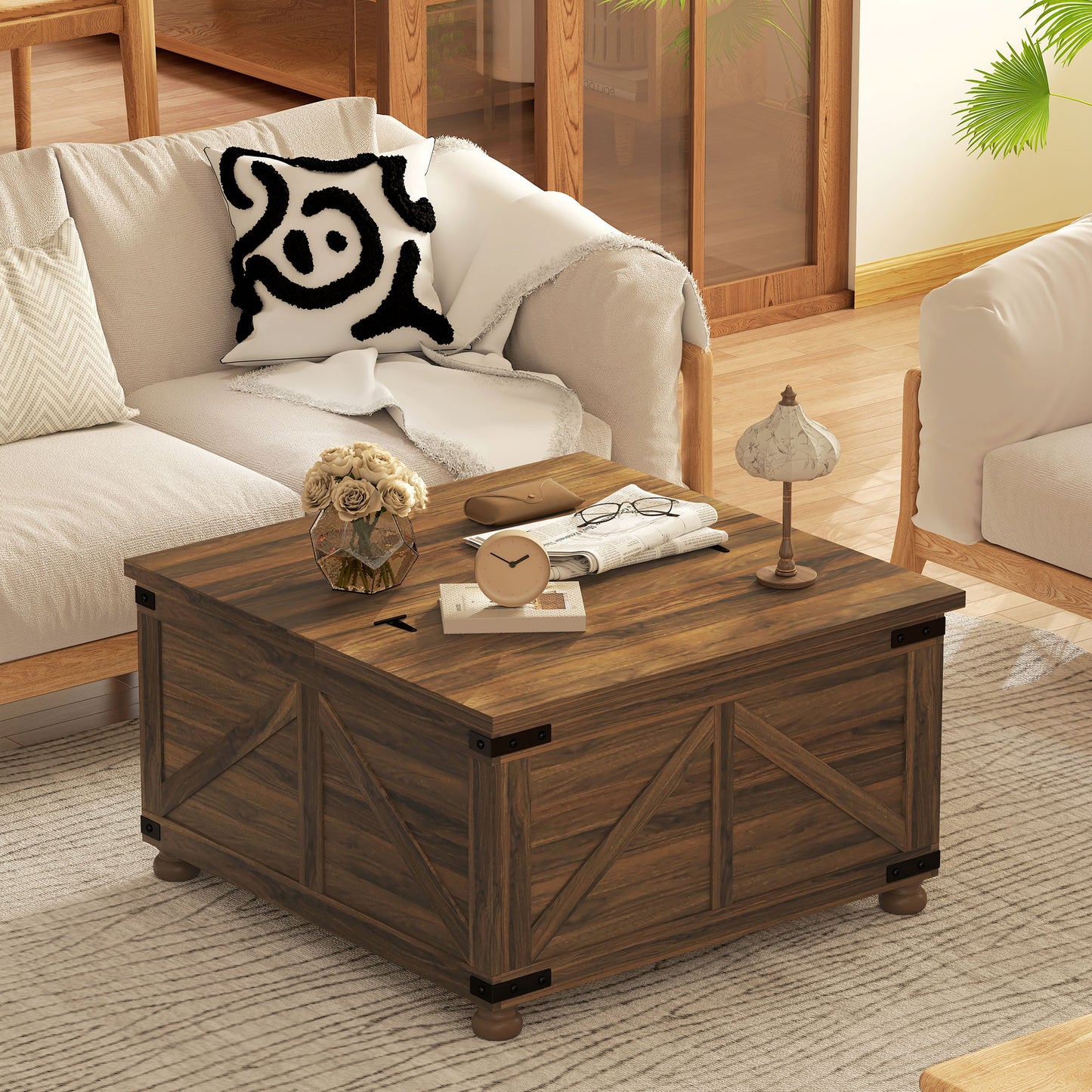 Table basse avec plateau relevable de style campagnard avec compartiment caché, grain de bois brun