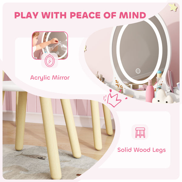 Coiffeuse pour enfants avec miroir, tabouret et lumières LED 3 couleurs, blanche
