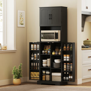 Country-style storage cabinet with adjustable shelves and 8 spice compartments, black.