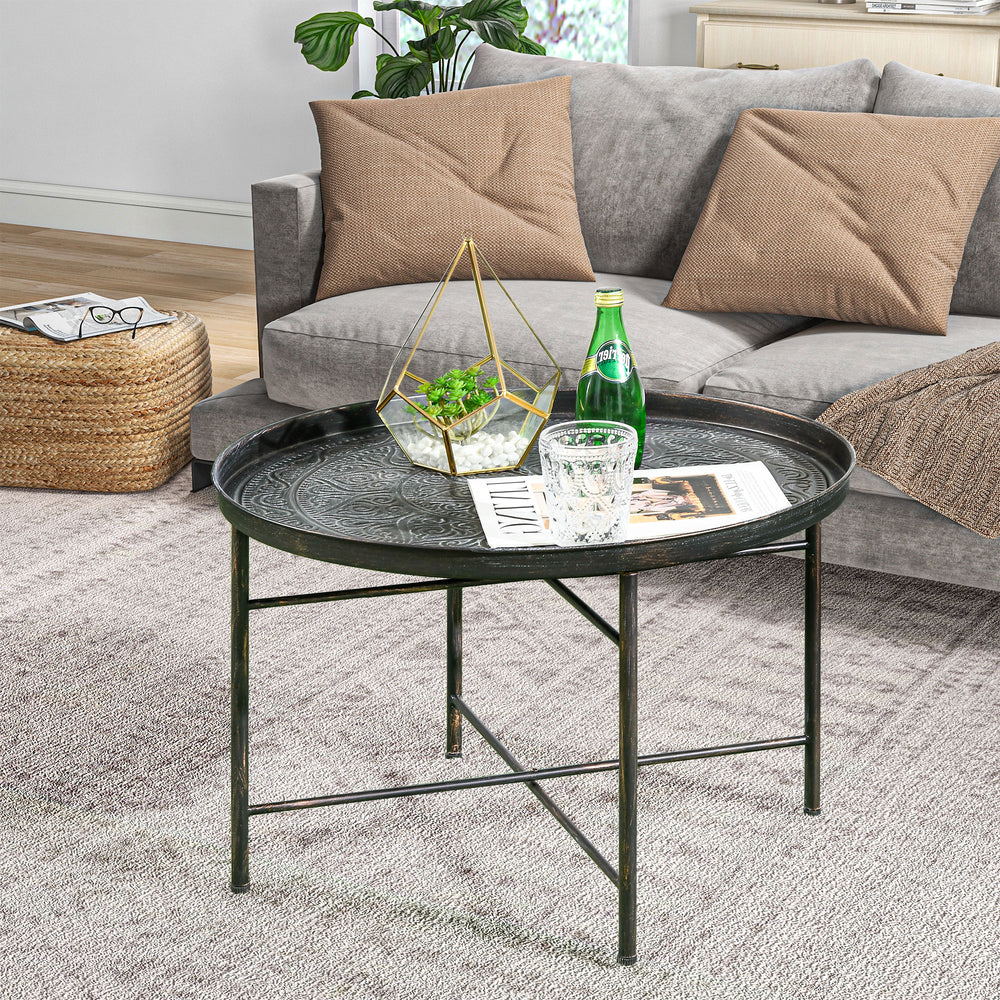 Table basse vintage ronde de 61 cm avec plateau martelé et structure en métal, couleur étain
