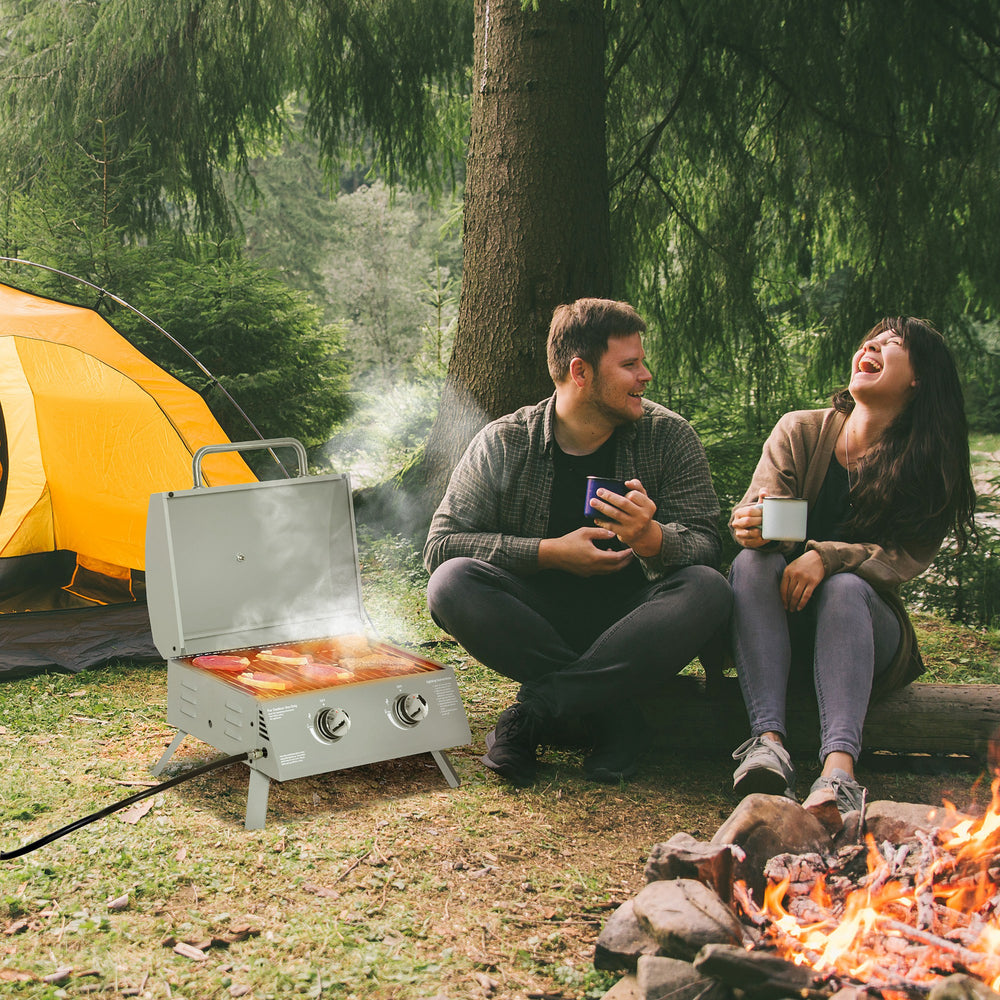 2 Burner Propane Gas Grill, Portable Tabletop BBQ with Foldable Legs, Lid, for Camping, Picnic, Silver