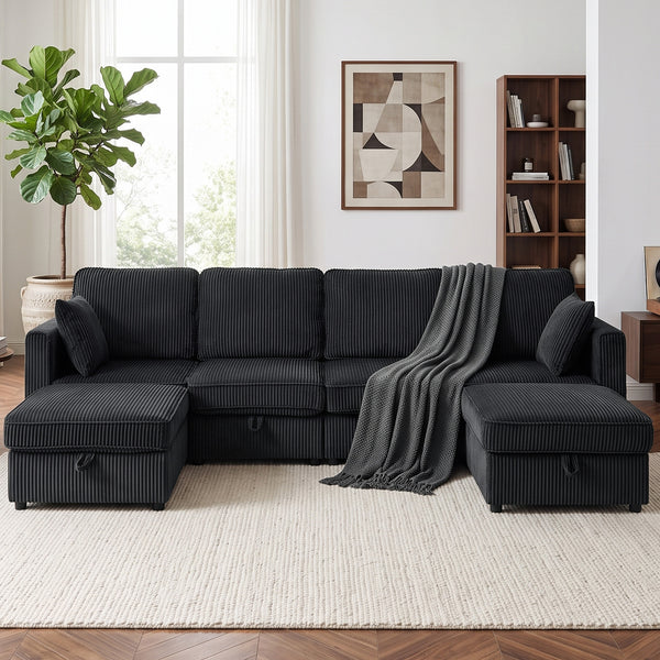 Canapé en velours côtelé en forme de U avec pouf de rangement double, rangement sous l'assise, 4 coussins, gris foncé