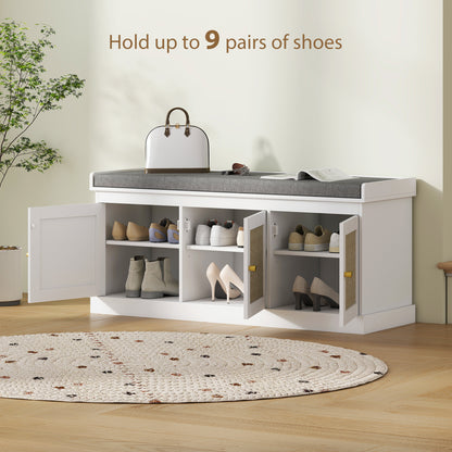 Bbanc d'entrée avec portes en rotin tressé et coussin, étagères réglables, blanc